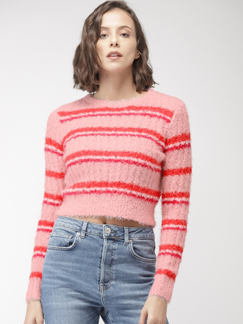 

FOREVER 21 Women Pink, Red & White Striped Crop Pullover Sweater