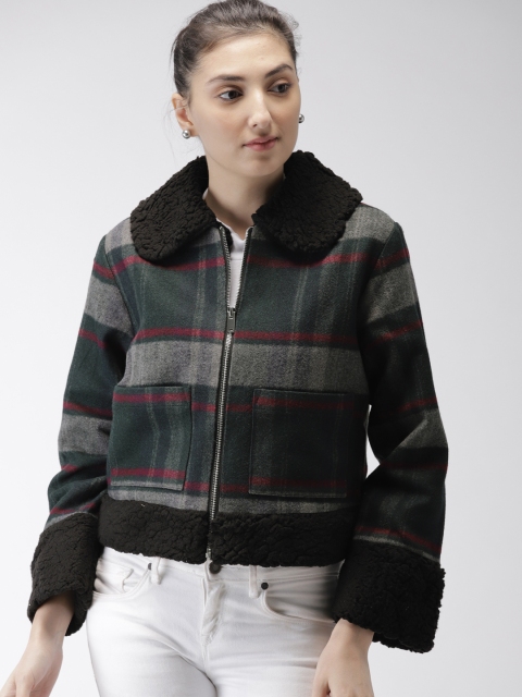 

FOREVER 21 Women Green& Grey Faux Fur Trim Parka Jacket
