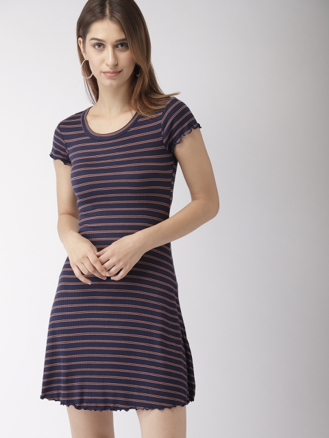 

FOREVER 21 Women Navy Blue & Brown Striped T-shirt Dress