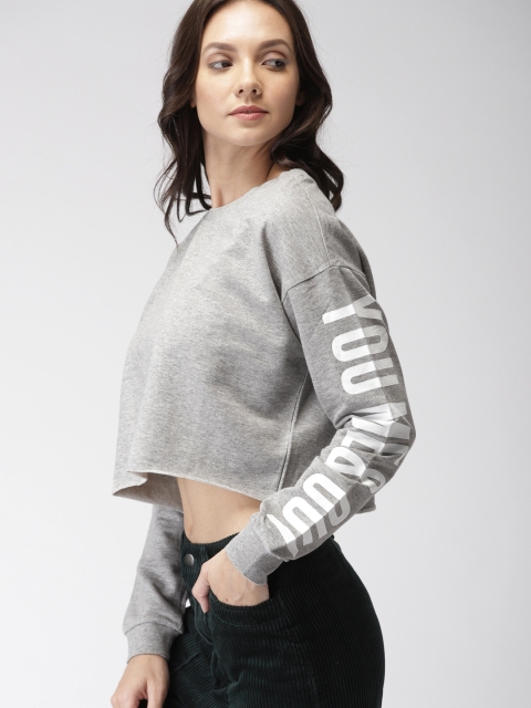 

FOREVER 21 Women Grey Melange Solid Cropped Sweatshirt