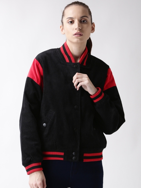 

FOREVER 21 Women Black & Red Solid Corduroy Bomber