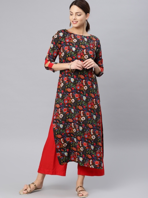 

Vaamsi Women Navy Blue, Red & Green Printed Straight Kurta