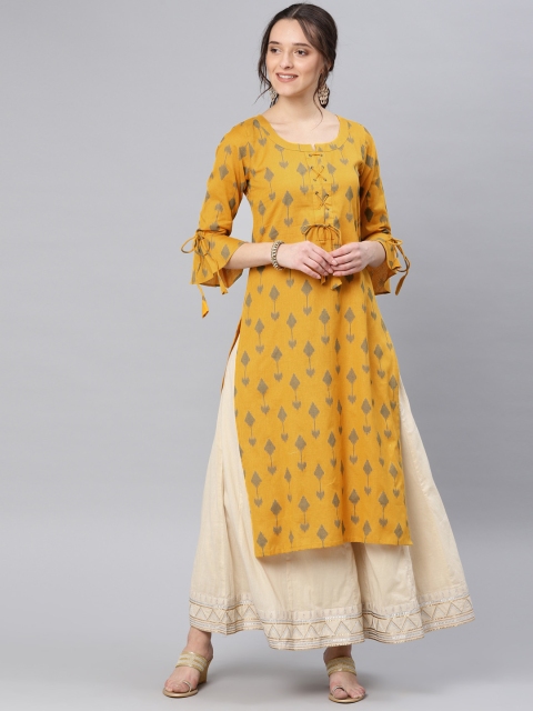 

Vaamsi Women Mustard Yellow Printed Straight Kurta