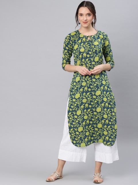 

Vaamsi Women Blue & Yellow Printed Straight Kurta