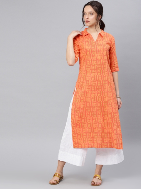 

Vaamsi Orange Printed Straight Kurta