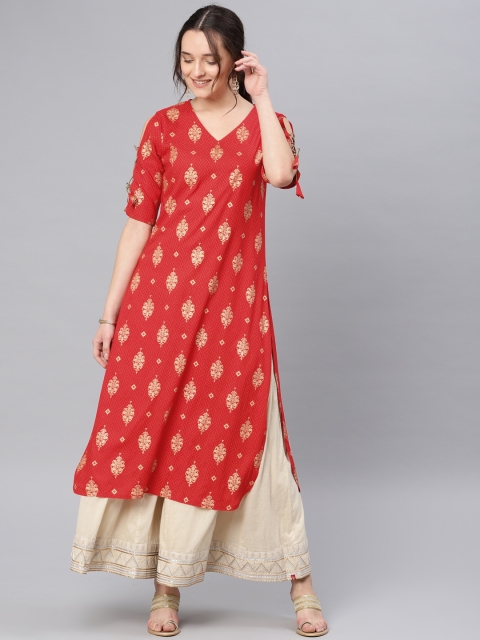 

Vaamsi Women Red Printed Straight Kurta
