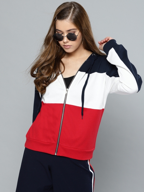 

Harpa Women Navy Blue & White Colourblocked Hooded Sweatshirt