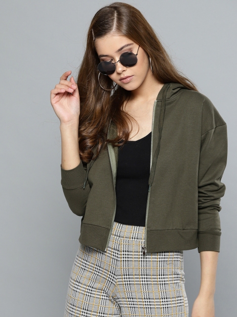 

Harpa Women Olive Green Solid Hooded Sweatshirt