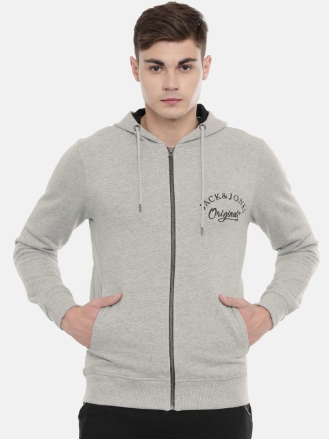 

Jack & Jones Men Grey Melange Solid Hooded Sweatshirt