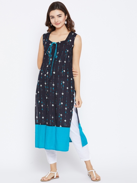 

PANIT Women Black & Blue Printed Straight Kurta