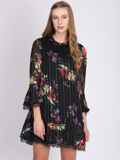 

NIZA Women Black Floral Printed A-Line Dress