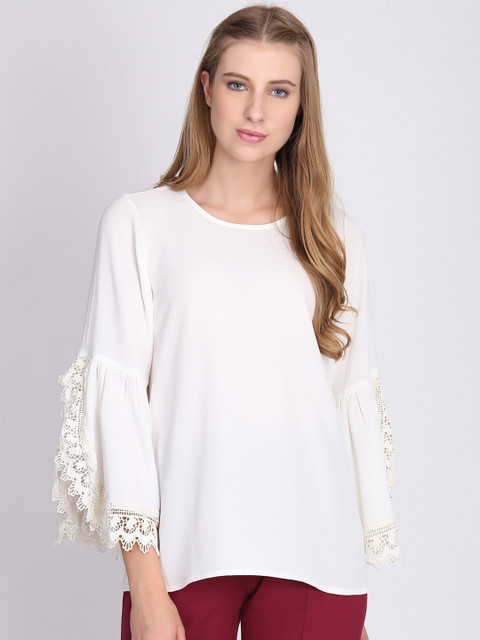

NIZA Women White Solid Slit Sleeves Top