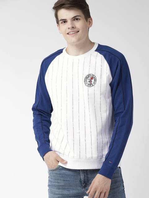 

Tommy Hilfiger Men White & Blue Striped Sweatshirt