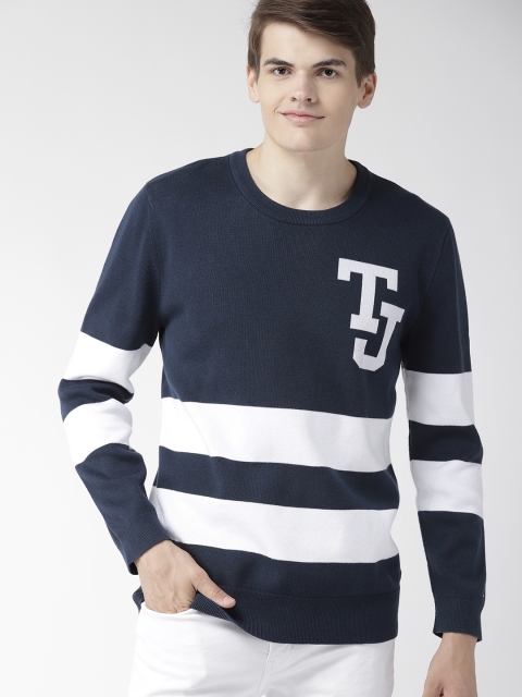

Tommy Hilfiger Men Navy Blue & White Striped Sweater