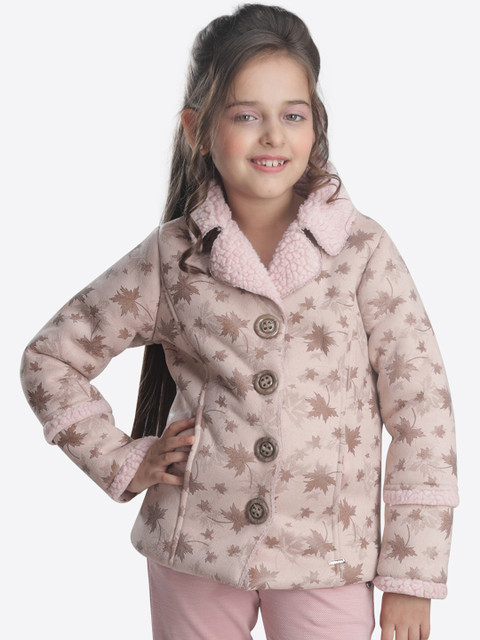 

CUTECUMBER Girls Peach-Coloured Printed Tailored Jacket