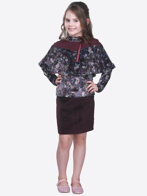 

CUTECUMBER Girls Maroon & Pink Printed Top with Skirt