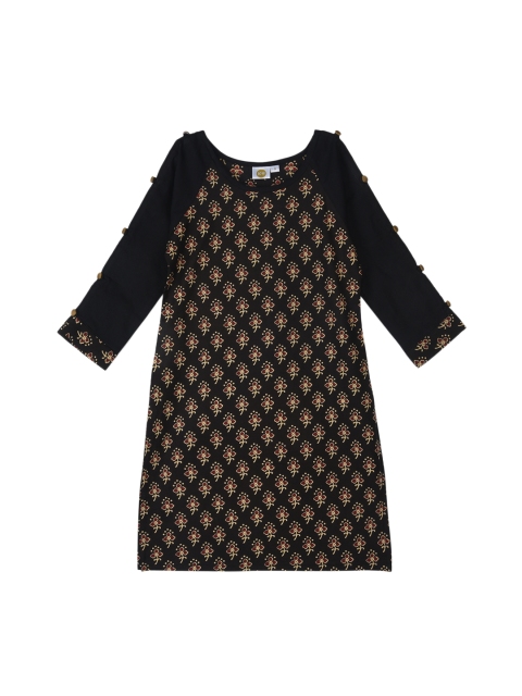 

K&U Girls Black Printed Straight Kurta