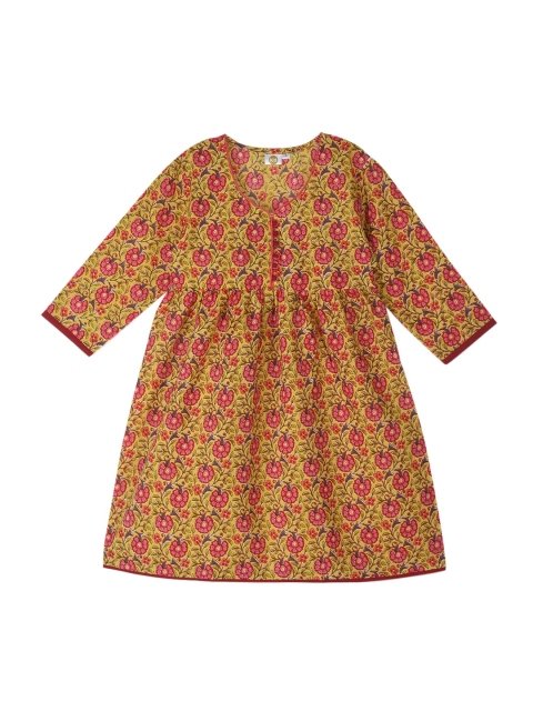 

K&U Girls Mustard Yellow & Pink Printed A-Line Kurta