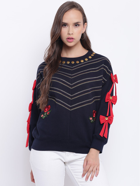 

Texco Women Navy Blue & Red Self Design Sweatshirt