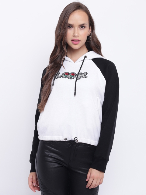 

Texco Women White & Black Self Design Hooded Sweatshirt