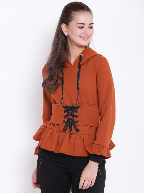 

Texco Women Rust & Black Solid Hooded Sweatshirt