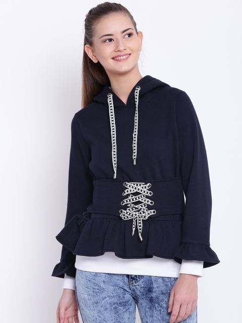 

Texco Women Navy Blue & White Solid Hooded Sweatshirt