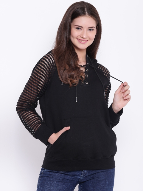 

Texco Women Black Self Design Hooded Sweatshirt