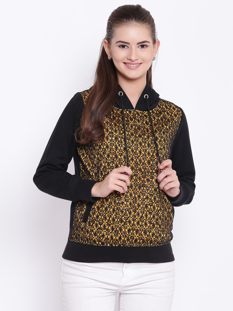

Texco Women Yellow & Black Self Design Hooded Sweatshirt