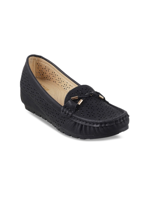 

Mochi Women Black Laser Cut Heeled Loafers