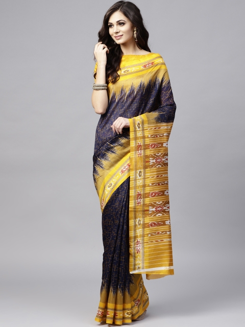 

Saree mall Navy & Mustard Yellow Printed Ikat Saree, Navy blue