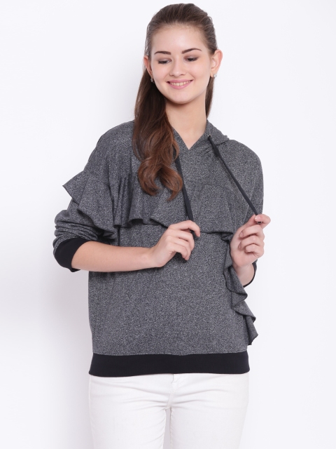 

Texco Women Grey Hooded Ruffled Sweatshirt