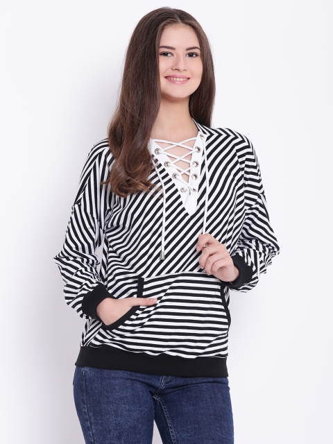

Texco Women Black & White Striped Tie-Up Neck Top
