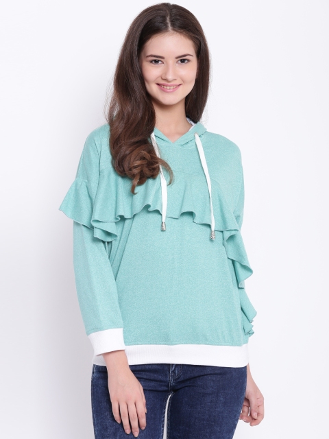 

Texco Women Green Hooded Ruffled Sweatshirt