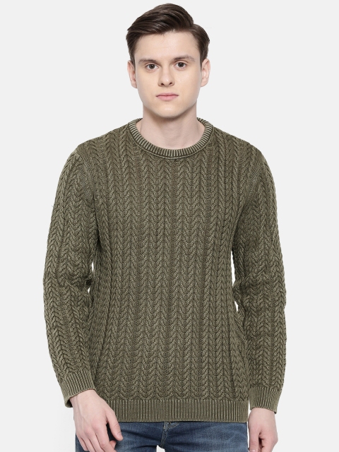 

ONLY & SONS Men Olive Green Self Design Sweater