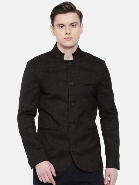 

ONLY & SONS Charcoal Grey Solid Single- Breasted Bandhgala Casual Blazer