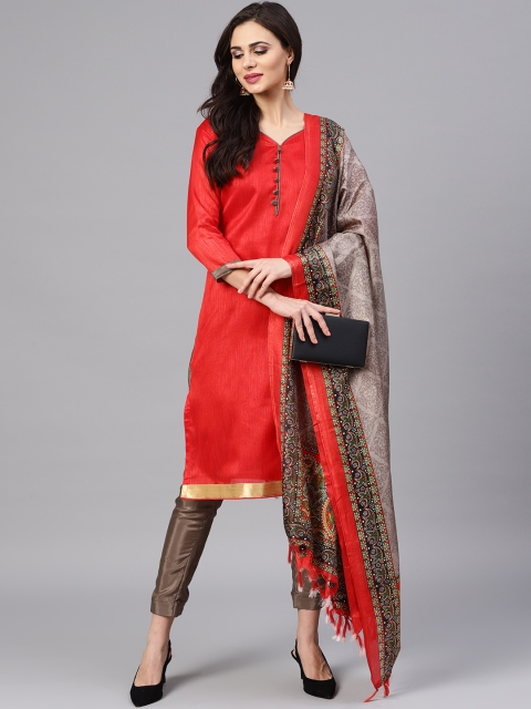 

Saree mall Red & Charcoal Grey Unstitched Dress Material