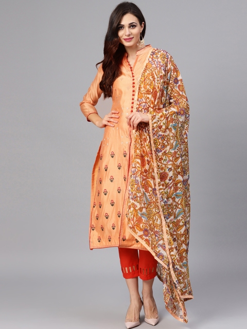 

Saree mall Peach-Coloured & Red Embroidered Semi-Stitched Dress Material