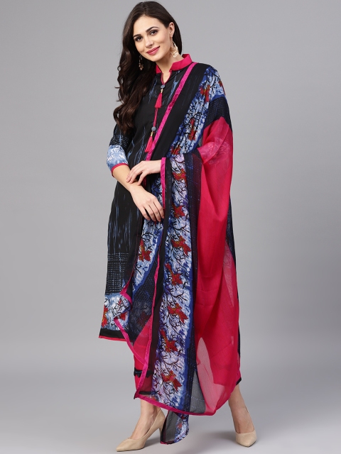 

Saree mall Black & Magenta Printed Semi-Stitched Dress Material