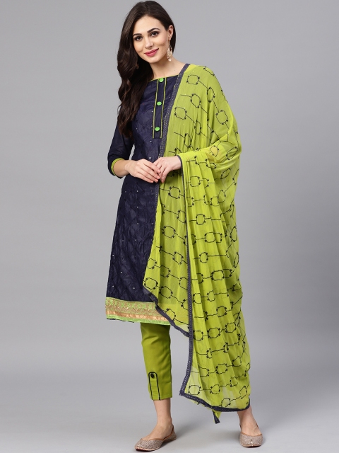 

Saree mall Navy Blue & Green Unstitched Dress Material