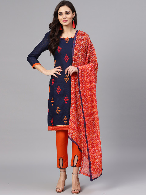 

Saree mall Navy Blue & Orange Embroidered Unstitched Dress Material