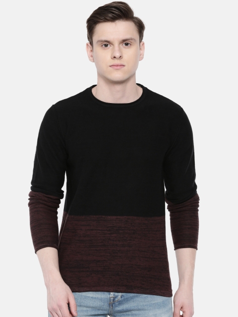 

ONLY & SONS Men Black & Burgundy Colourblocked Sweater