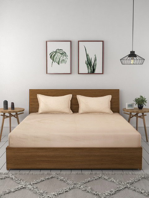 

Aura Cream-Coloured Striped Flat 210 TC Cotton 1 King Bedsheet with 2 Pillow Covers