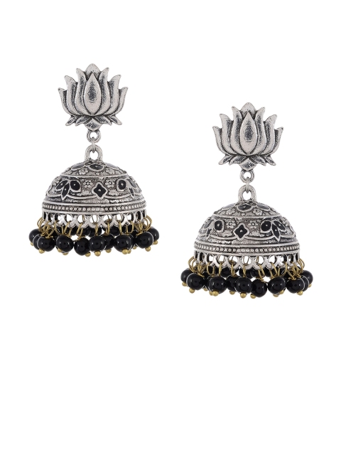 

Silvermerc Designs Silver-Toned & Black Circular Jhumkas