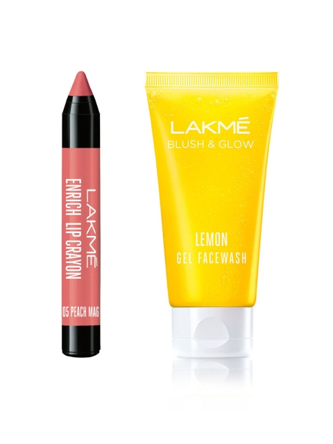 

Lakme Set of Peach Magnet Lip Crayon & Blush and Glow Lemon Face Wash, Pink