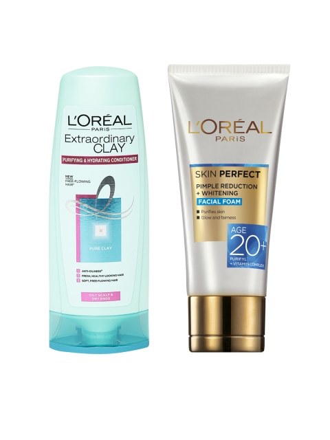 

LOreal Paris Pimple Reduction Whitening Face Wash & Clay Purifying & Hydrating Conditioner, Sea green