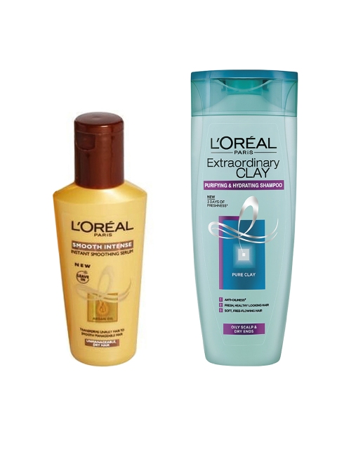 

L'Oreal Paris Unisex Extraordinary Clay Shampoo & Smooth Intense Smoothing Serum, Blue