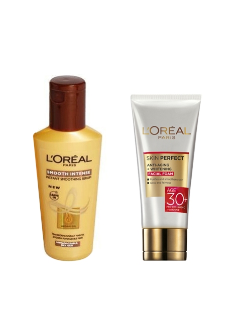 

LOreal Paris Smooth Smoothing Serum 100 ml & Anti-Aging Plus Whitening Facial Foam, Gold