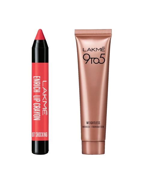 

Lakme Shocking Enrich Lip Crayon & Vanilla Weightless Mousse Foundation, Pink