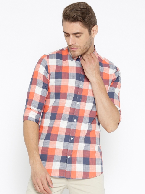 

ONLY & SONS Men Navy Blue & Peach-Coloured Slim Fit Checked Casual Shirt