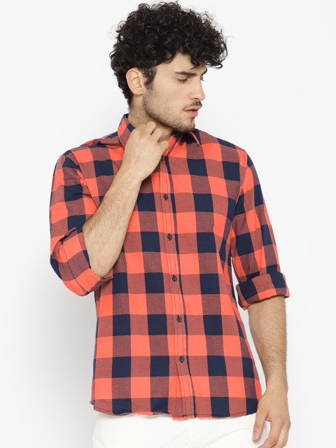 

ONLY & SONS Men Coral Orange & Navy Slim Fit Checked Casual Shirt